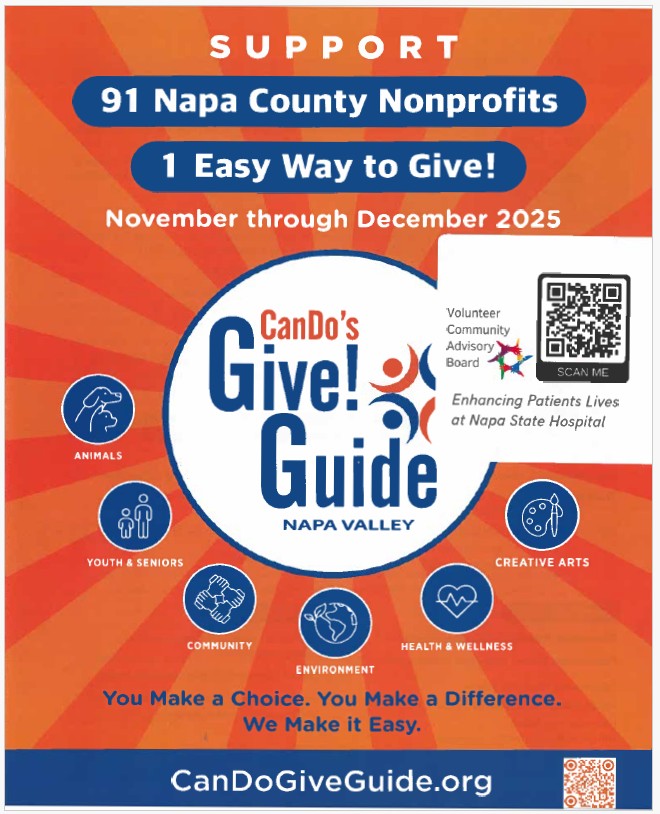 In honor of the giving season, we are requesting monetary donations towards our non-profit supporters, Napa State Hospital Volunteer Community Advisory Board (CAB) via the CanDo’s Give!Guide. It is CAB's first year to be featured in this fundraising campaign that runs through December 31, 2025. Please help us share the news with your friends and family, and consider donating.