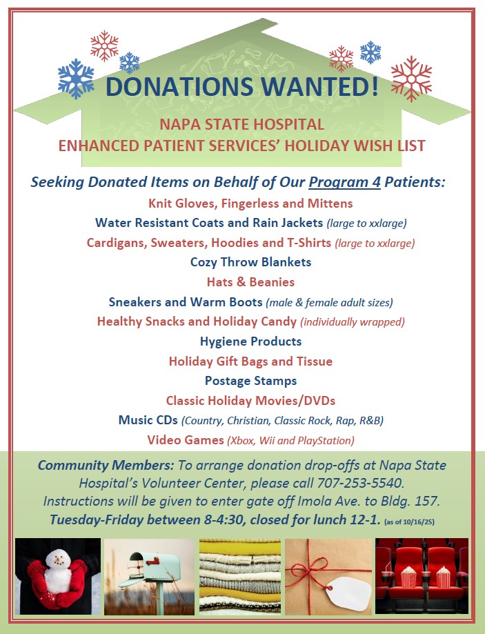 As we prep for the fast approaching holidays, please consider donating warm items to the resident patients of Program 4 (learn more in comments below). They don’t need much, but its like getting a warm hug by their Napa community.